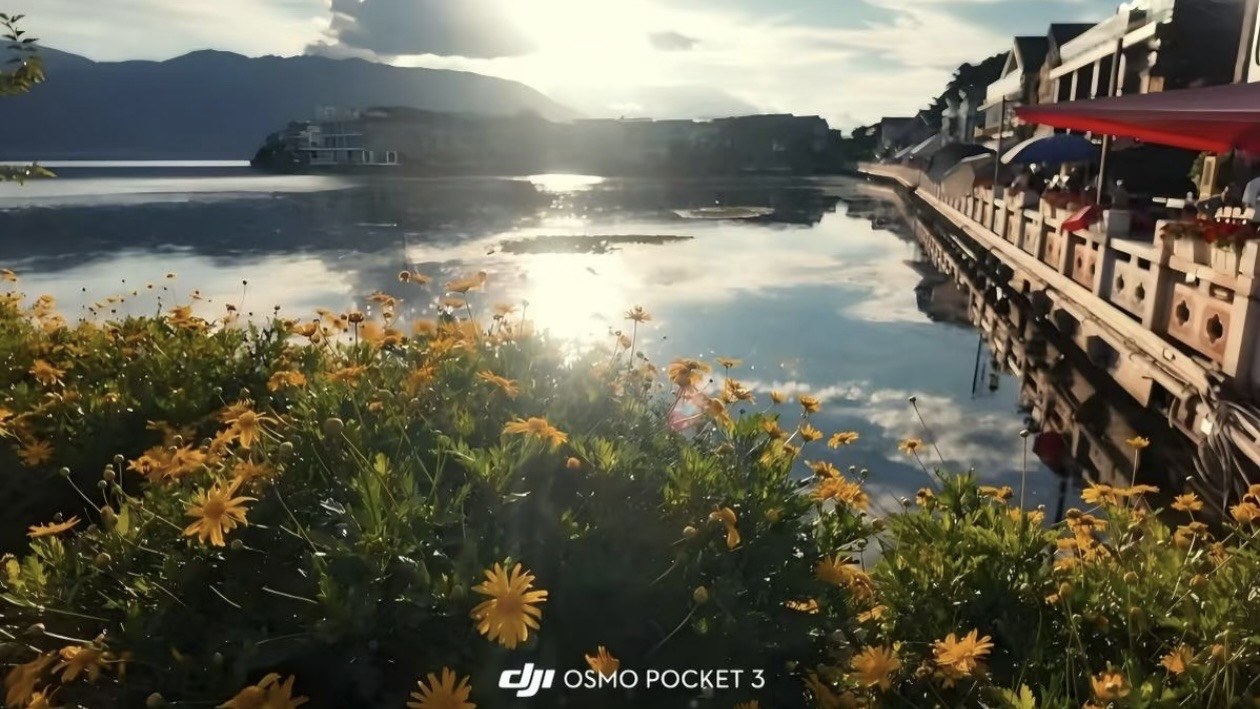 DJI Pocket 4 D-Log workflow sample with lakeside village and soft evening light
