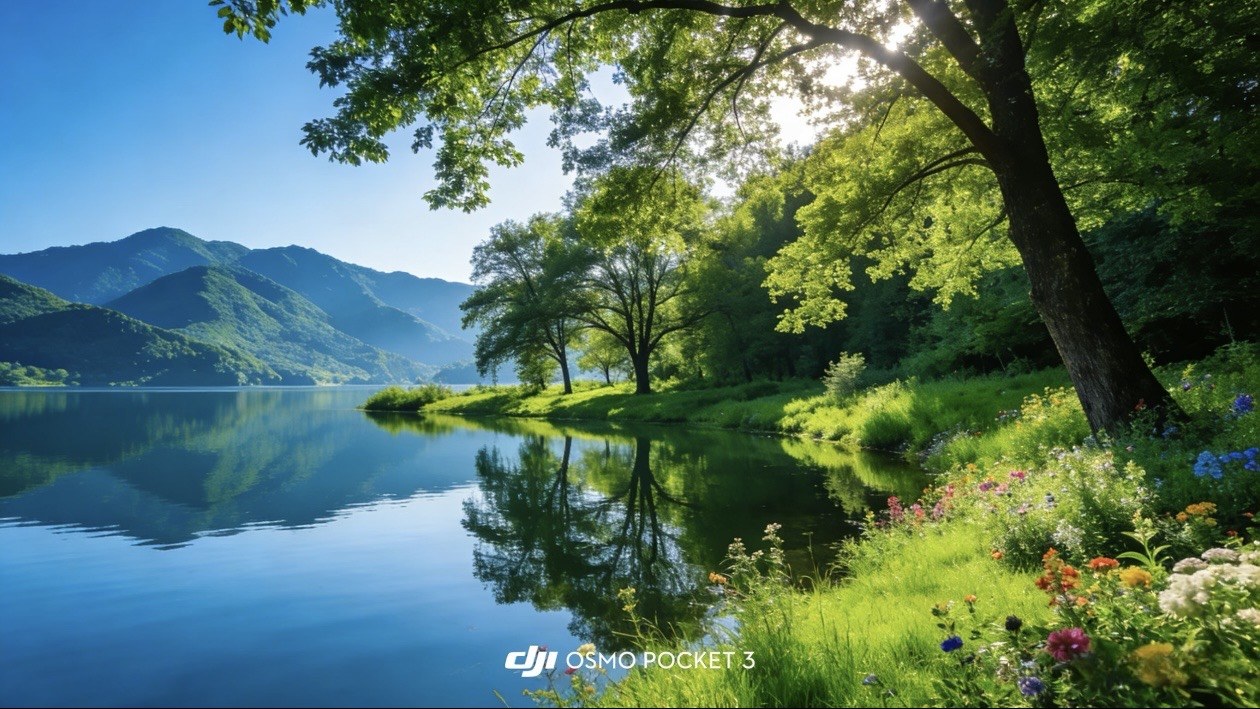 DJI Pocket 4 LUT mountain lake reflection sample for travel color grading