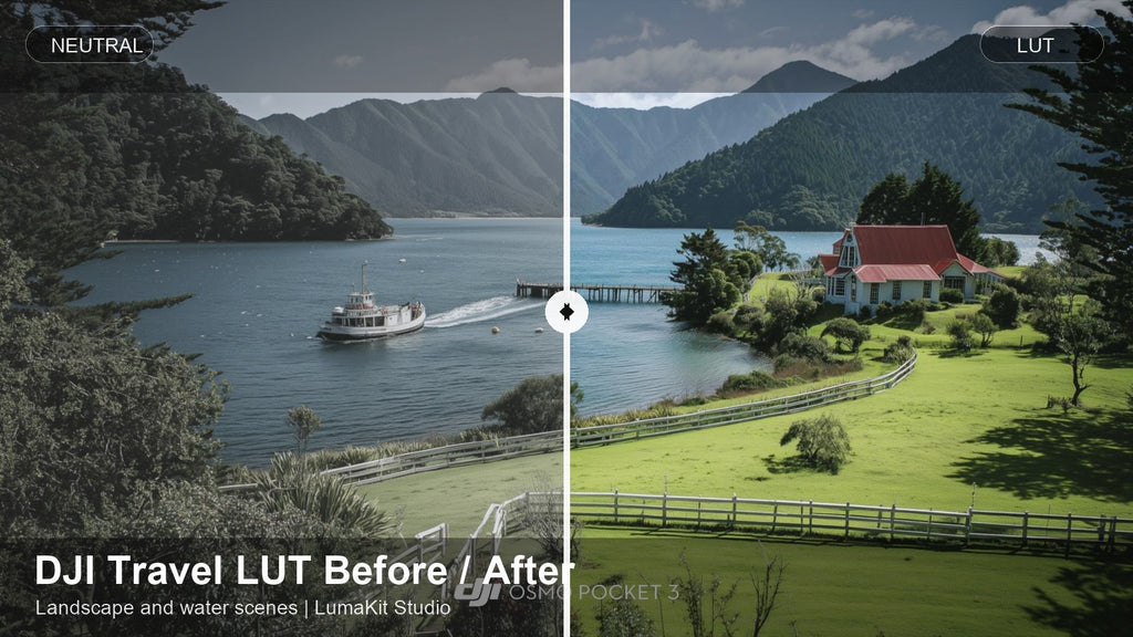 DJI Pocket 4 Pro LUT before and after landscape color grading sample